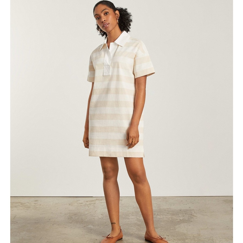 Everlane The Organic Polo Dress- Women's Beige/Bone Striped Lightweight Dress